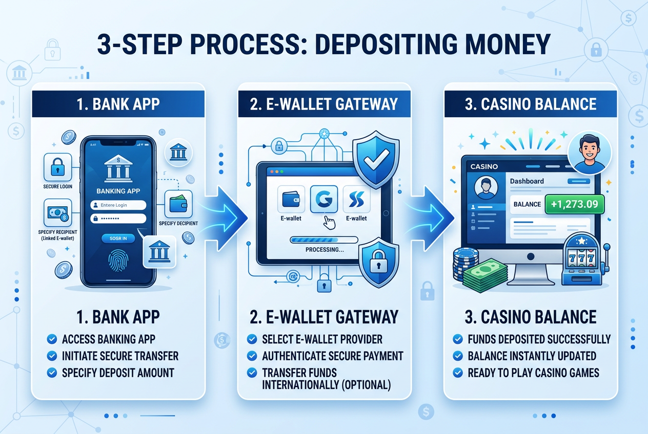 Infografika przedstawiająca 3-krokowy proces wpłaty BLIK do kasyna