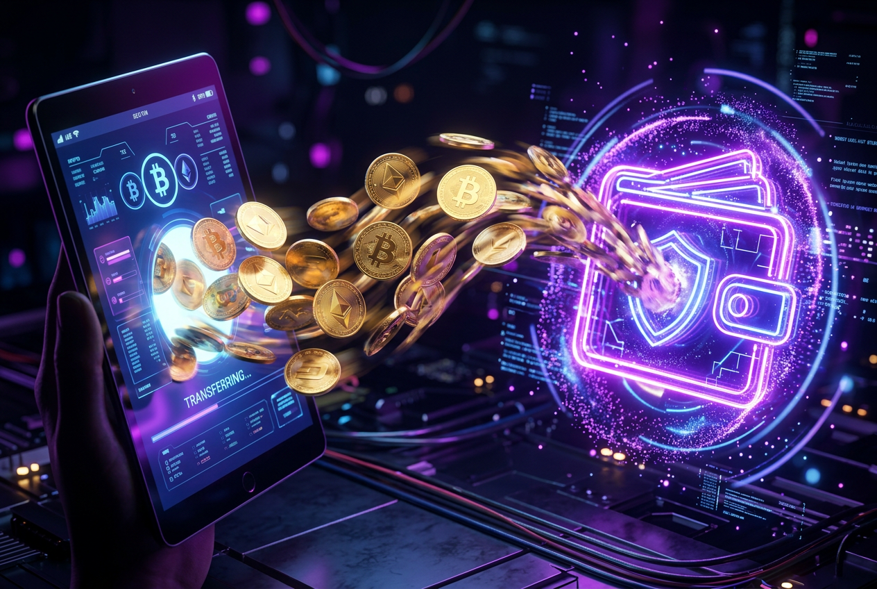 Wizualizacja szybkości wypłat: złote monety wlatujące do cyfrowego portfela na ekranie tabletu