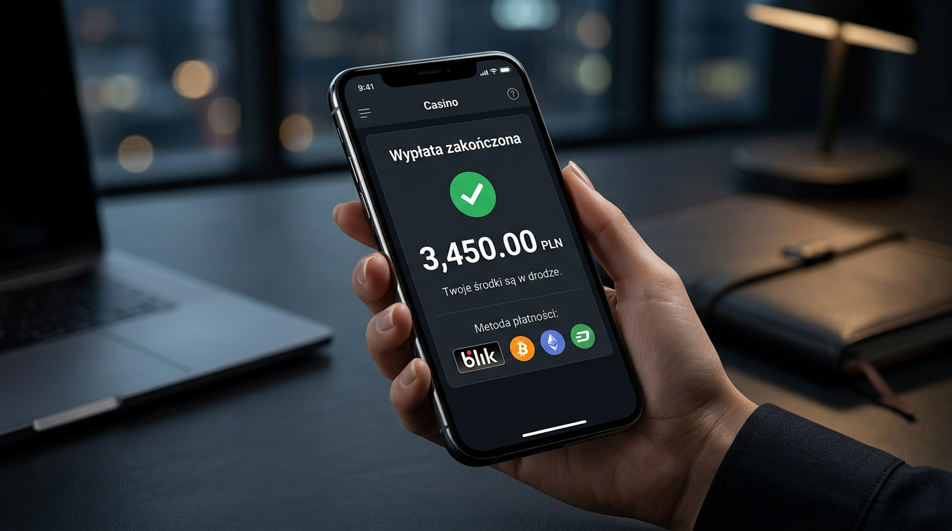 Interfejs smartfona pokazujący udaną wypłatę z kasyna online w walucie PLN