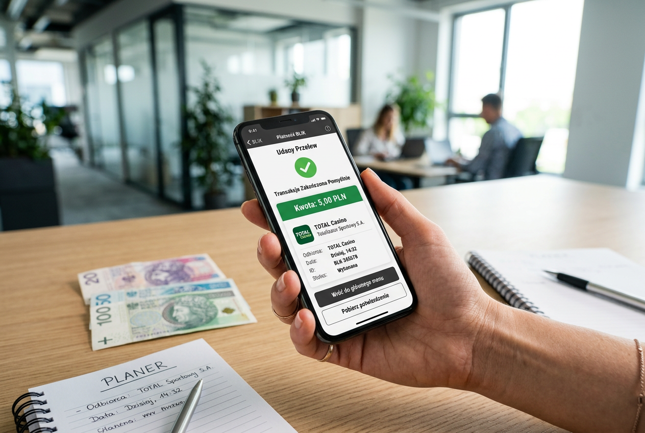 Smartphone showing a successful mobile payment transaction in a casino app with Polish currency context